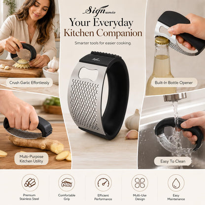 Signamio Garlic Peeler Tool - Versatile Garlic Crusher Mini Hand Press Chopper for Effortless Garlic Preparation, Durable and Easy to Clean Kitchen Essential - Black