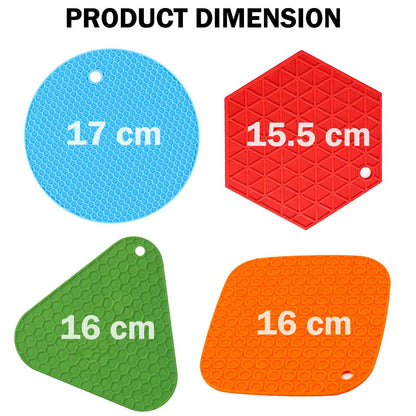Signamio Silicone Mat for Kitchen - Pack of 4, Heat Resistant Coasters for Dining Table for Hot Pots, Heat Mats - Includes Round, Triangle, Square, Hexagon Shapes for Versatile Use