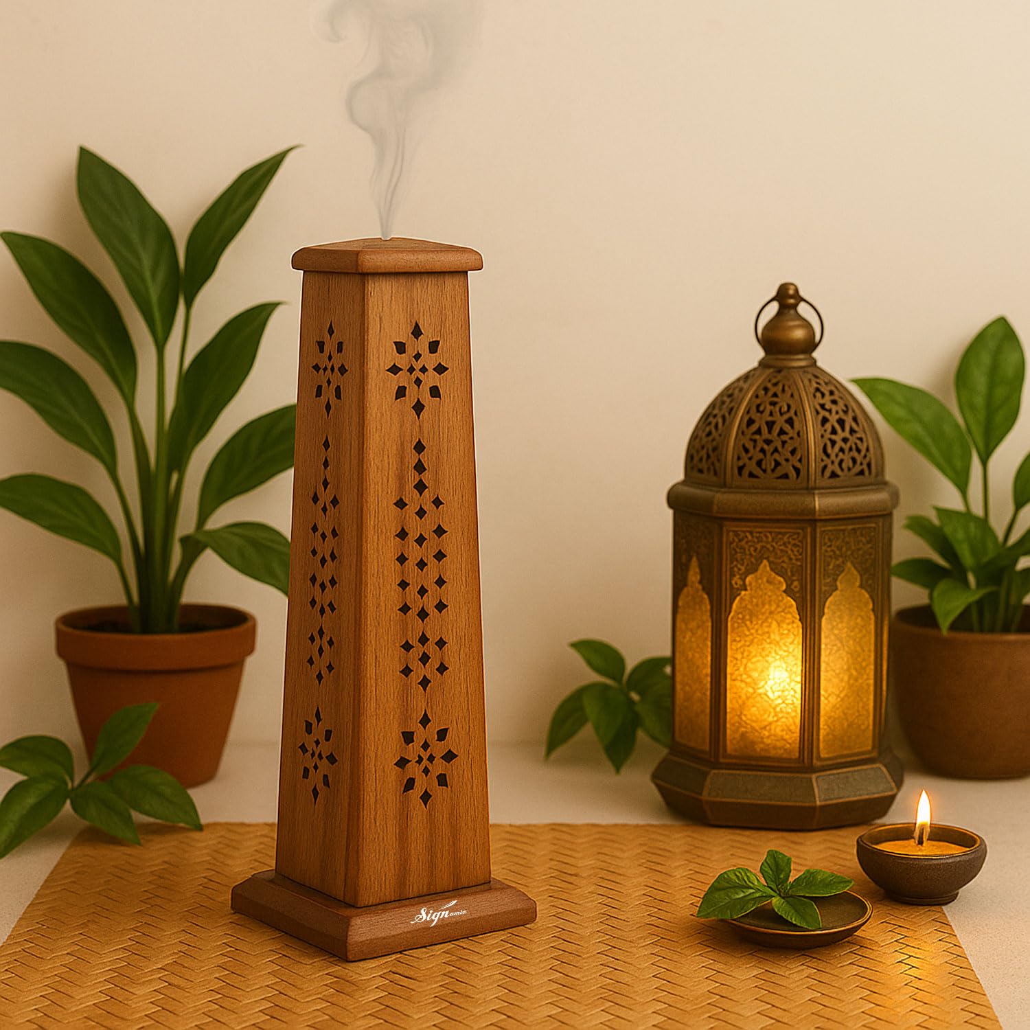 SIGNAMIO® 2pcs Square Wooden Agarbatti Stand with Ash Catcher: Premium Incense Stick and Dhoop Holder Set for Pooja Room Decoration - Essential Puja Items for Home Mandir & Agarbatti Storage Box
