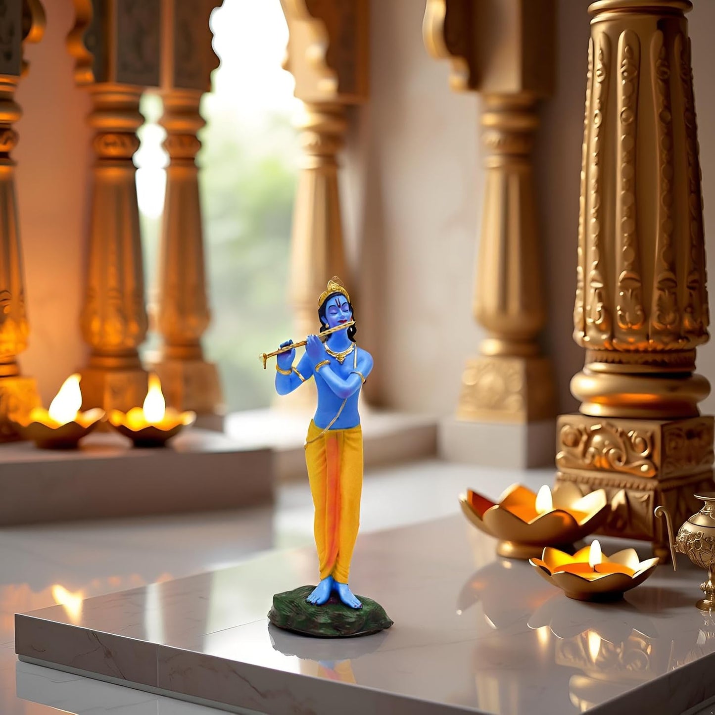 SIGNAMIO Resin Standing Krishna Statue - Elegant Krishna Idol Small for Home Decor - Exquisite Krishna Idol Figurine for Spiritual Decor and Gift, Perfectly Crafted with Fine Details, 8.5 x 6.5 Cm