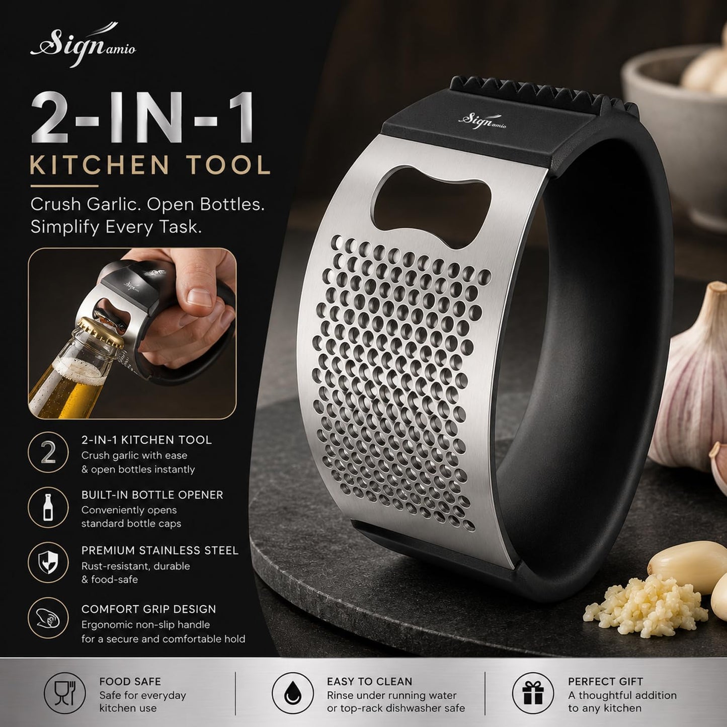Signamio Garlic Peeler Tool - Versatile Garlic Crusher Mini Hand Press Chopper for Effortless Garlic Preparation, Durable and Easy to Clean Kitchen Essential - Black