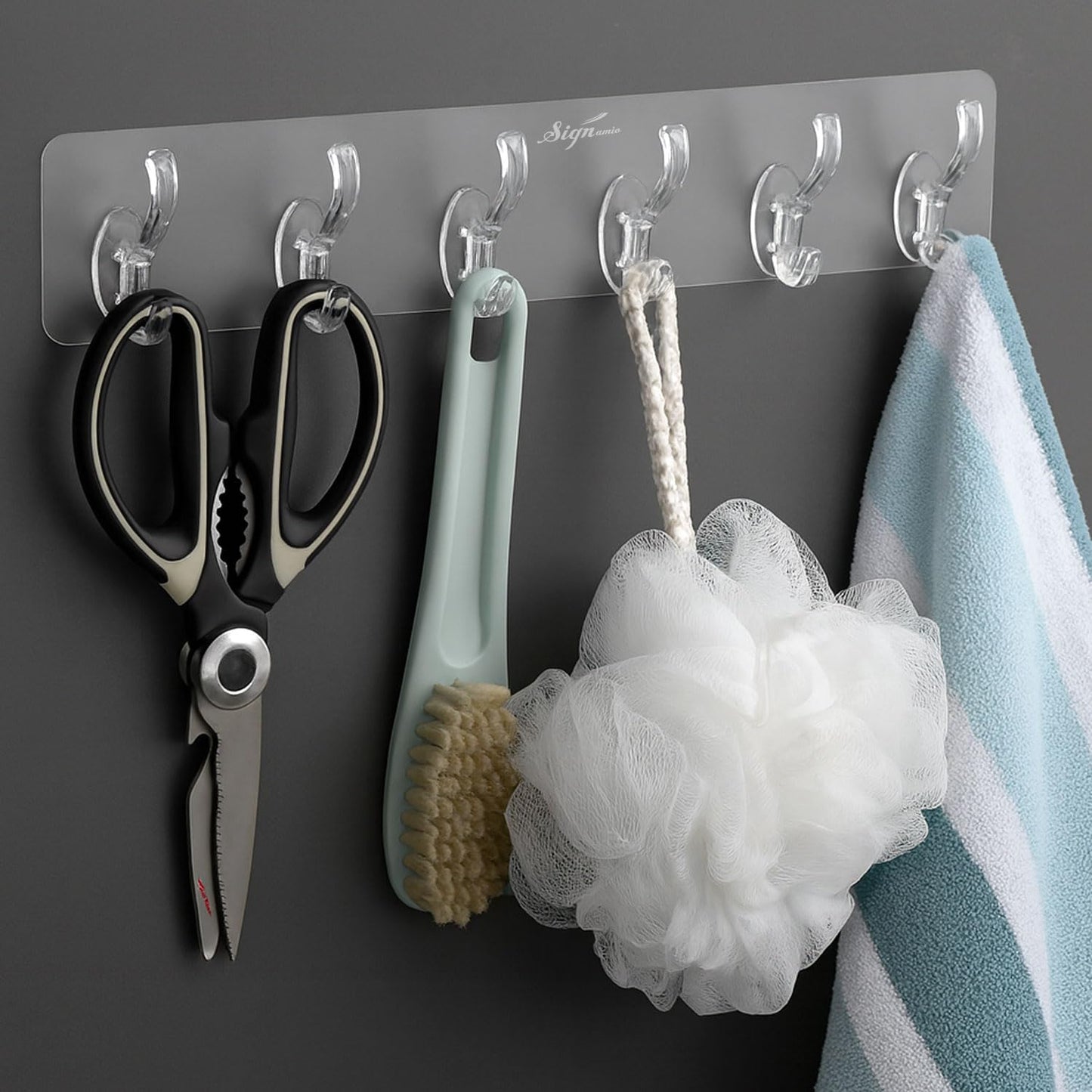 SIGNAMIO 8 Hook Self Adhesive Wall Hooks for Wall Heavy Items, Adhesive Wall Hook, Wall Hooks for Hanging Clothes, Kitchen & Bathroom Accessories, Stick On Hooks for Wall Without Drill -Silver
