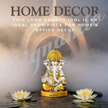 Signamio Handcrafted White Ganesha Idol for Car Dashboard Item: Ganesh Ji, Ganpati Bappa Murti for Home Decor - Exquisite Car God Idols for a Divine Touch in Your Vehicle and Home