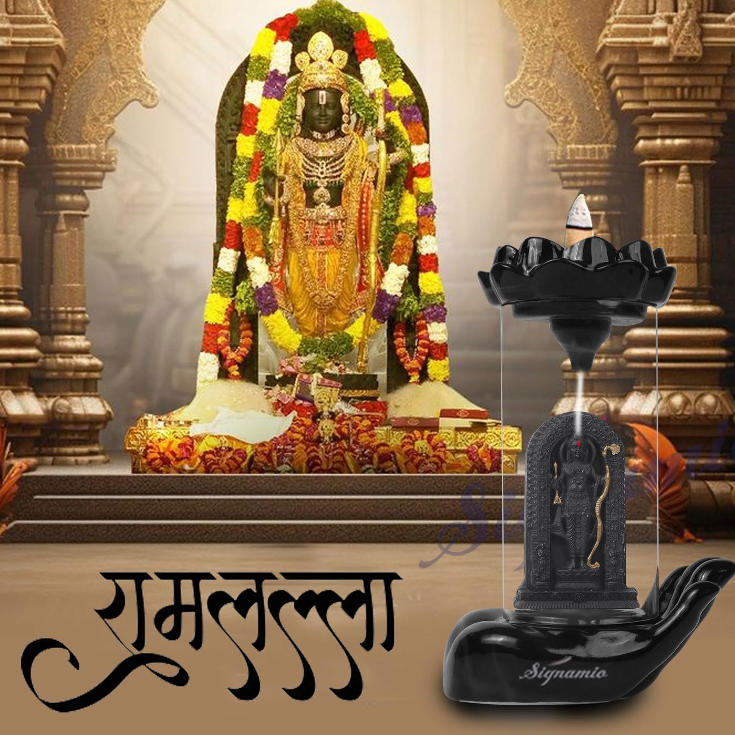 Signamio Ram Lalla Murti Ceramic Backflow Smoke Fountain - Hand Pattern Ayodhya Ram Idol Decor - Ram Lala Idol for Home Temple with 30 Cone