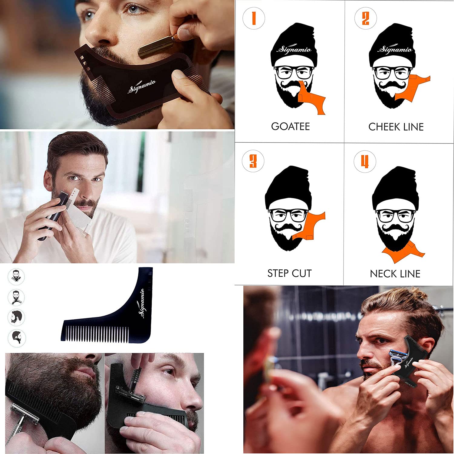 SIGNAMIO Set of 3 Multi Purpose Beard Shaper tool for Men | Beard Shaping Stencil Comb for men styling shave for neck line guide - Grooming kit - Black