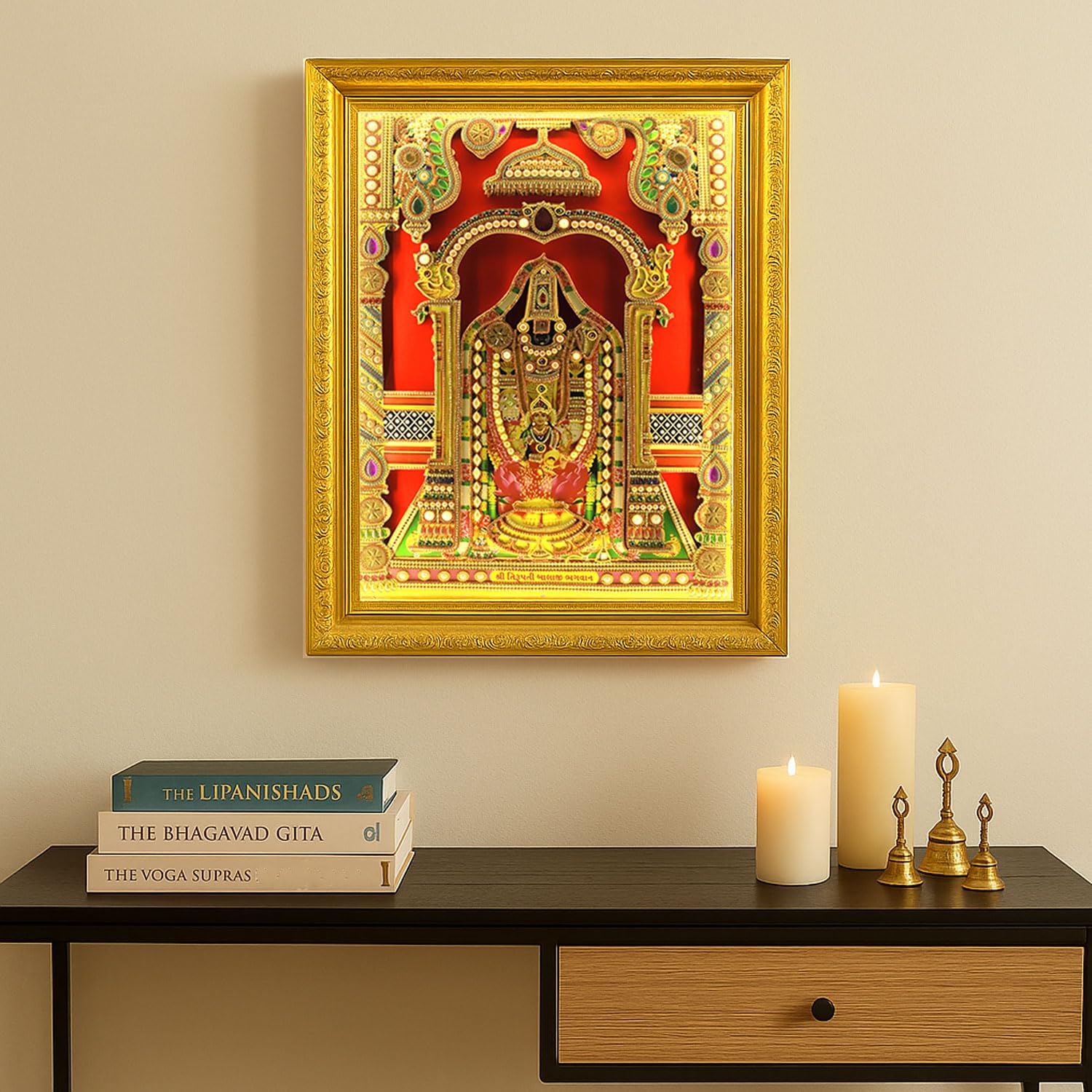 SIGNAMIO® Designer Handmade Stone Moti Work with Gold led Light Sculpture of 3D Tirupati Balaji wall Hanging Photo Frame with for Puja Room,Home,Office,wall decoration-1pcs (23X18 Inch)