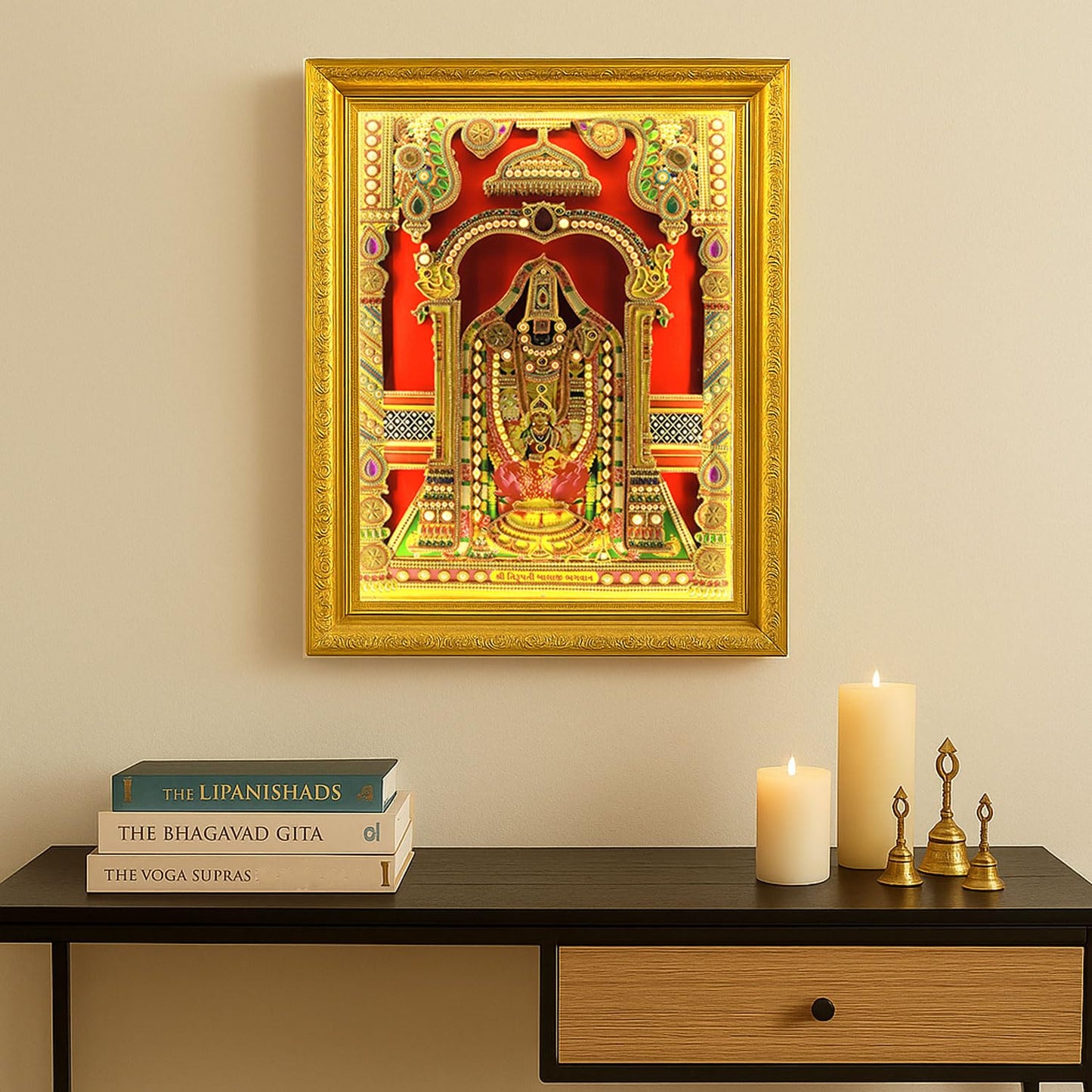 SIGNAMIO® Designer Handmade Stone Moti Work with Gold led Light Sculpture of 3D Tirupati Balaji wall Hanging Photo Frame with for Puja Room,Home,Office,wall decoration-1pcs (14X11 Inch)