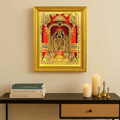 SIGNAMIO® Designer Handmade Stone Moti Work with Gold led Light Sculpture of 3D Tirupati Balaji wall Hanging Photo Frame with for Puja Room,Home,Office,wall decoration-1pcs (14X11 Inch)
