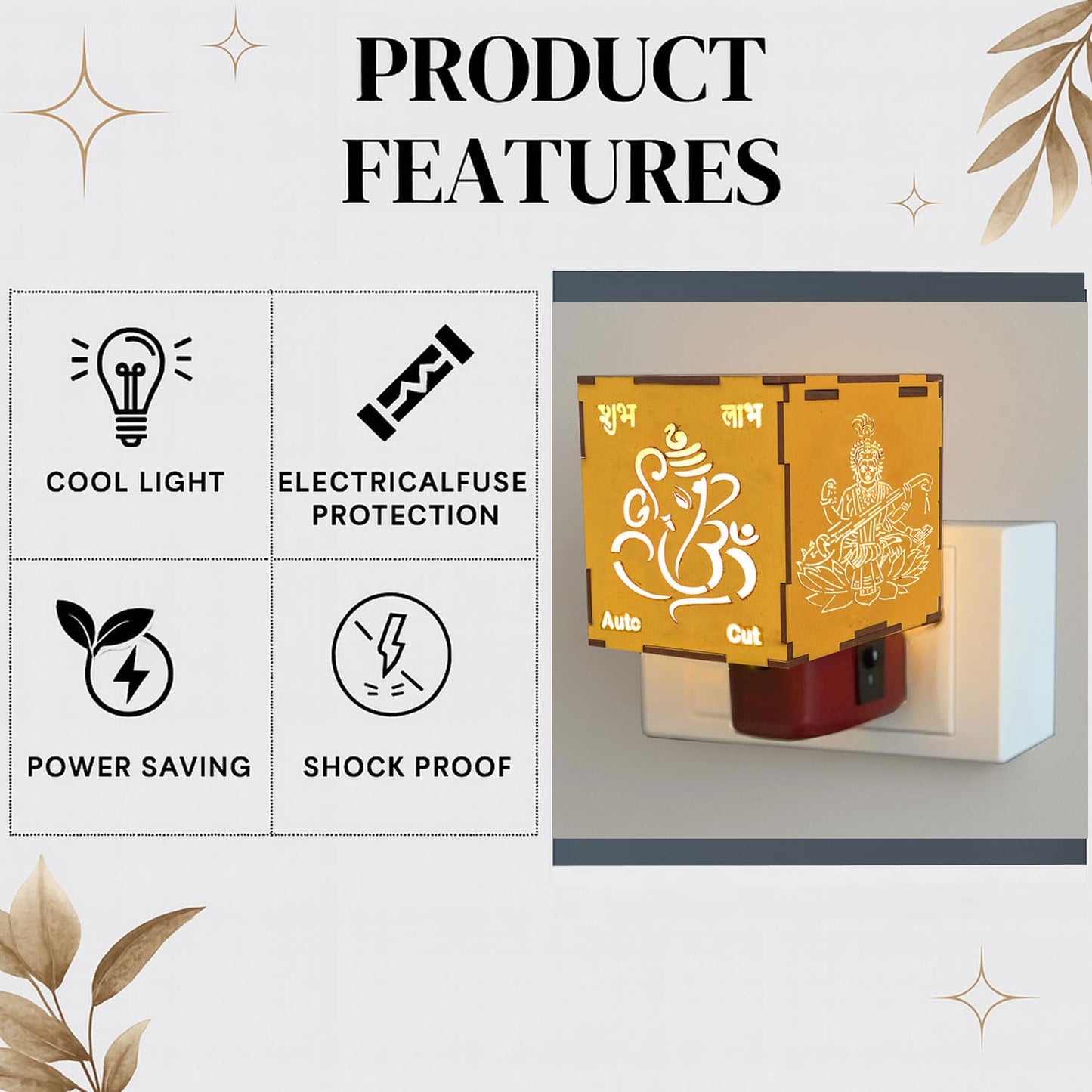 SIGNAMIO® Auto Cut Wooden Ganesha Laxmi Saraswati Camphor Kapoor Bakhoor Oud Aroma Oil Diffuser Incense Dhoop Burner Electrical Stand Machine for Home Fragrance with Night Lamp