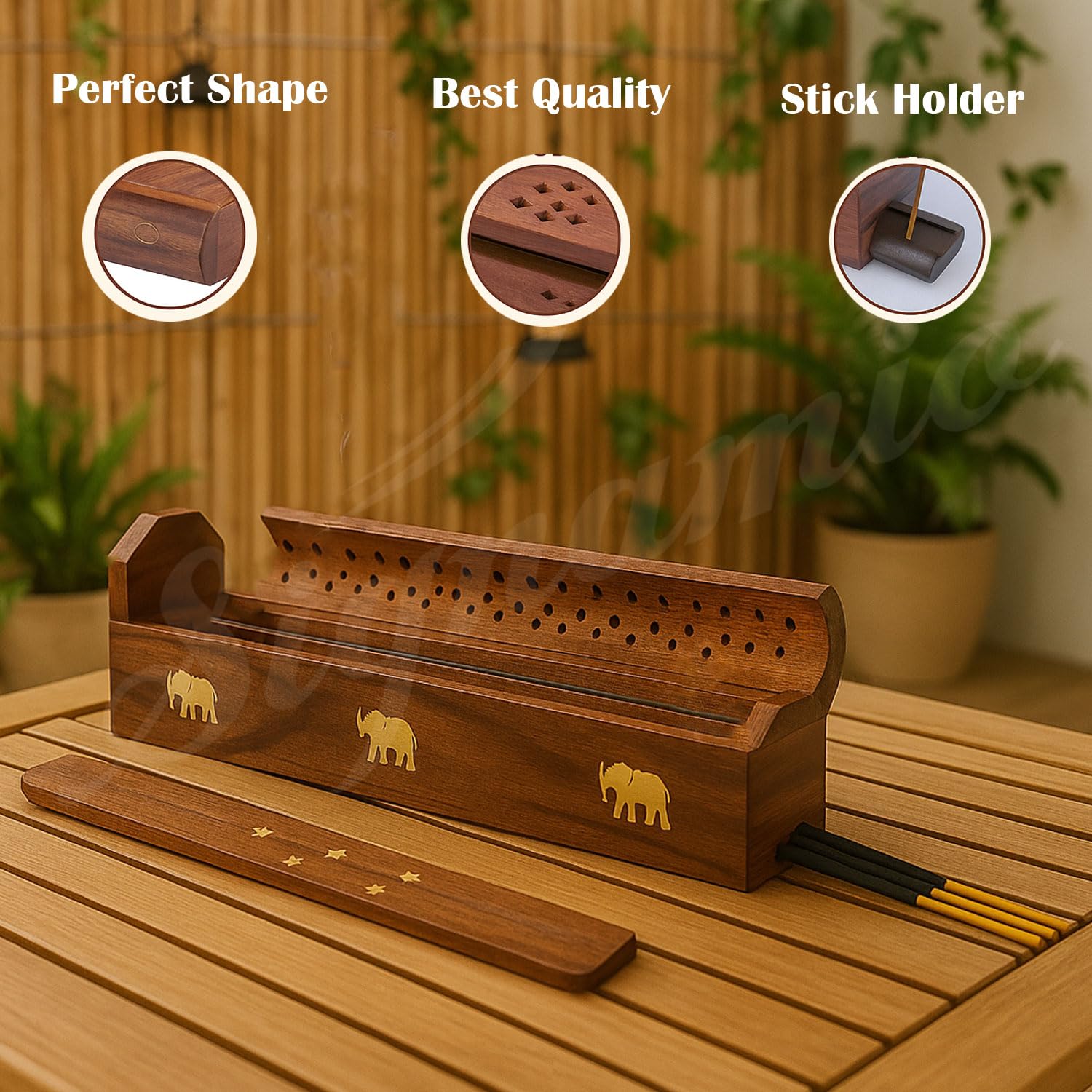 SIGNAMIO® 2pcs Wooden Horizontal Mini Agarbatti and Dhoop Holder Premium Incense Stick Stand with Ash Catcher for Pooja - Essential Puja Items for Home Mandir & Agarbatti Stand Holder with Storage Box