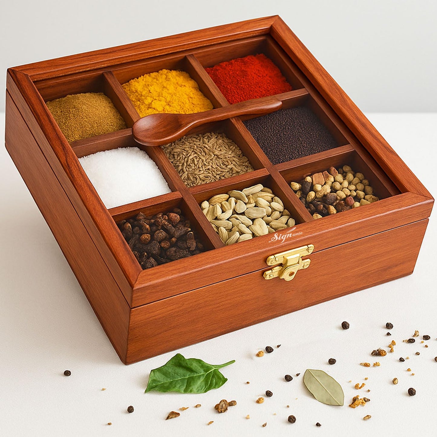 SIGNAMIO® Hexa Wooden Spice Box with Detachable Containers and Spoon, Transparent Glass Masala dani for Kitchen Storage, Anjarai Petti Style Organizer, Perfect Wooden Masala Box for Kitchen Use