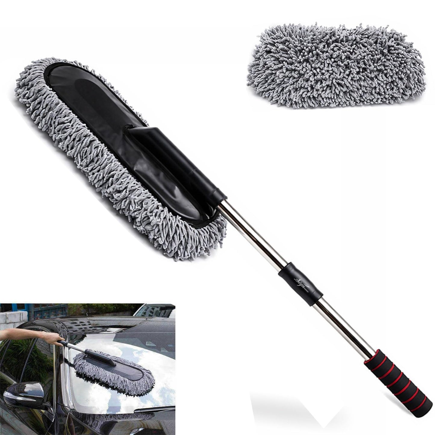 Signamio Car Duster Microfiber Brush Car Cleaning Accessories Compact Soft Non Scratch Fibers for Interior and Exterior Dusting Detailing and Quick Touch Ups - Grey