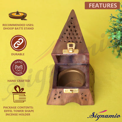 SIGNAMIO® Eiffel Tower Wooden Sambrani Dhoop Stand Incense Holder: Perfect Pooja Room Stand Decoration Item, Dhup Dani & Doopam Holder, Essential Puja Item for Home Mandir and Pooja Thali Set Rituals