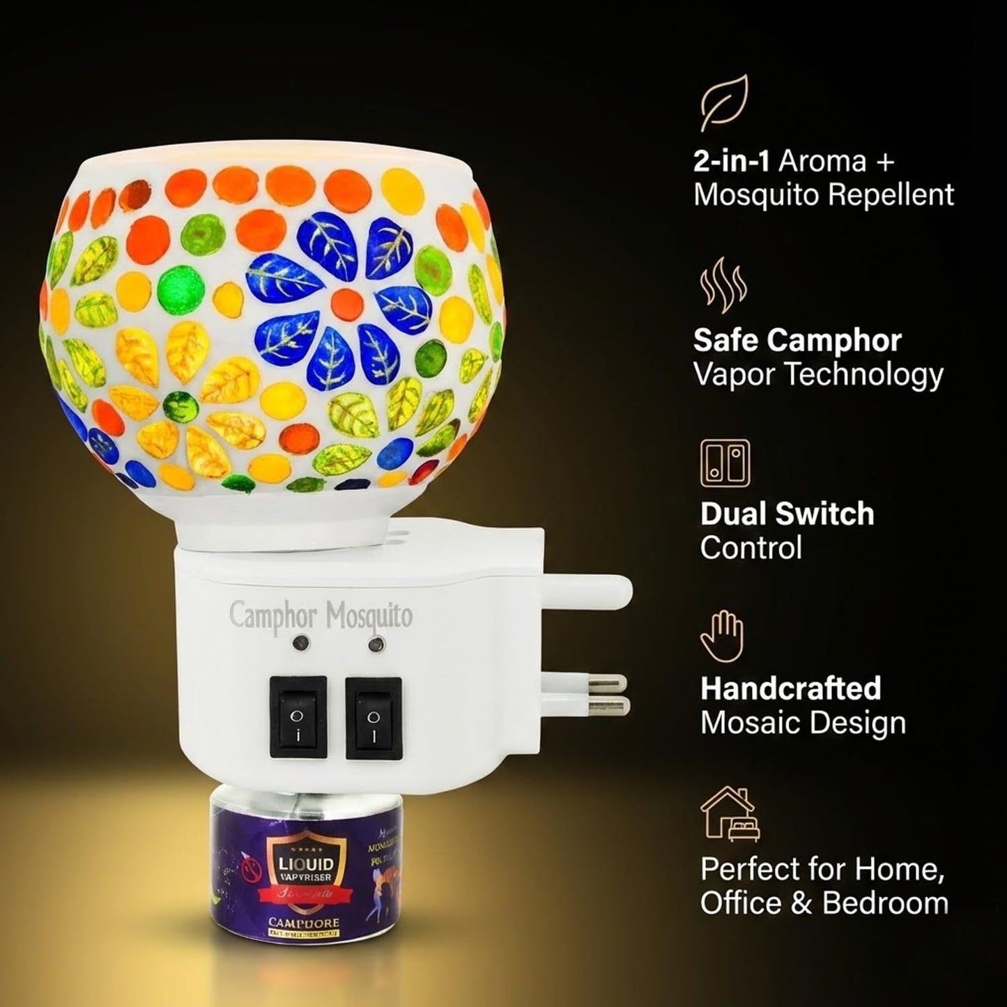 Signamio 3 in 1 Multi-Functional Camphor Diffuser Burner - Kapoor Dani Electrical Camphor with Night Lamp & Mosquito Repellent | Kapoor Dani for Home Fragrance and Ambient Lighting DN-26