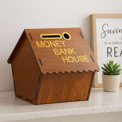 Signamio Wooden Money Saving Box for Adults - House Shaped Piggy Bank 100000, Elegant Money Box for Secure Savings and Home Decor, Durable Wooden Material