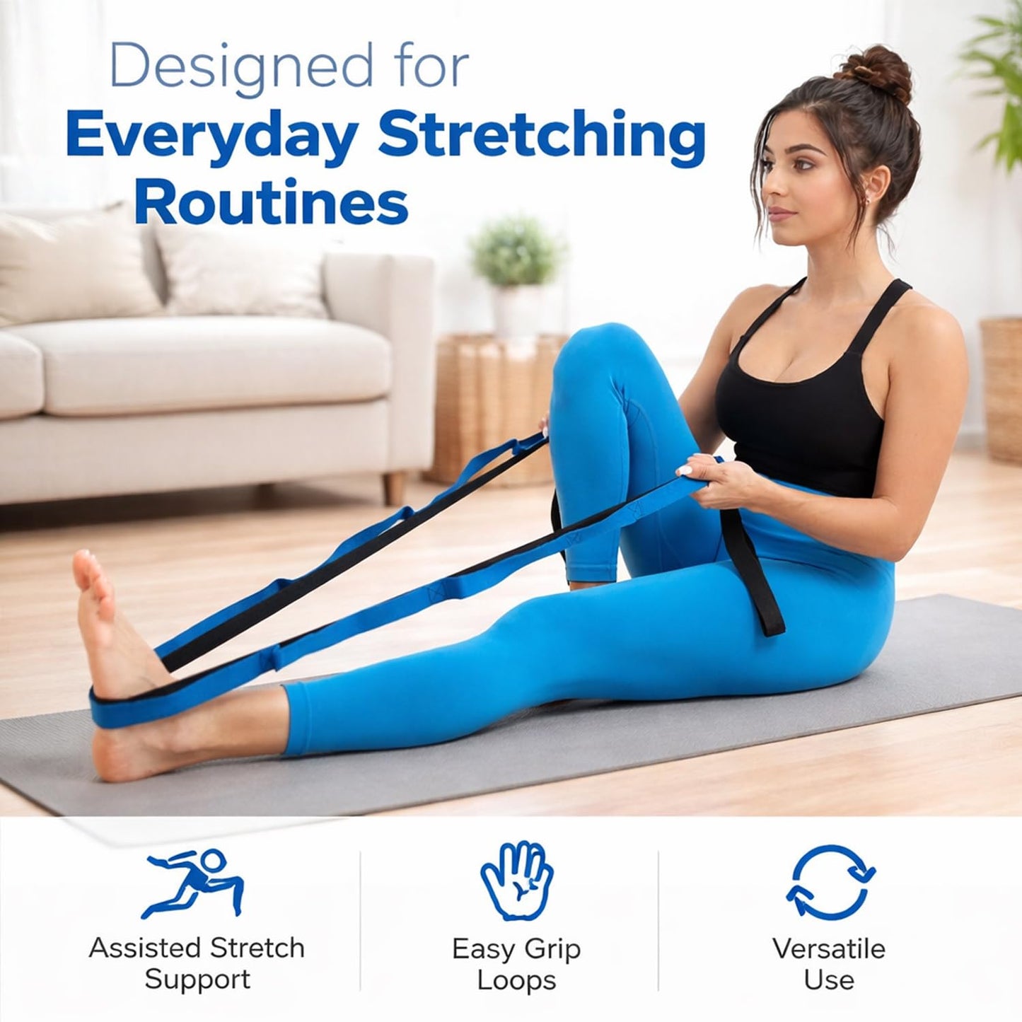 Signamio Yoga Belt for Women - Premium Stretching Belt for Exercise & Hamstring Stretch Strap - Essential Yoga Accessories for Flexibility & Strength Training-12 Loop - Blue-Black