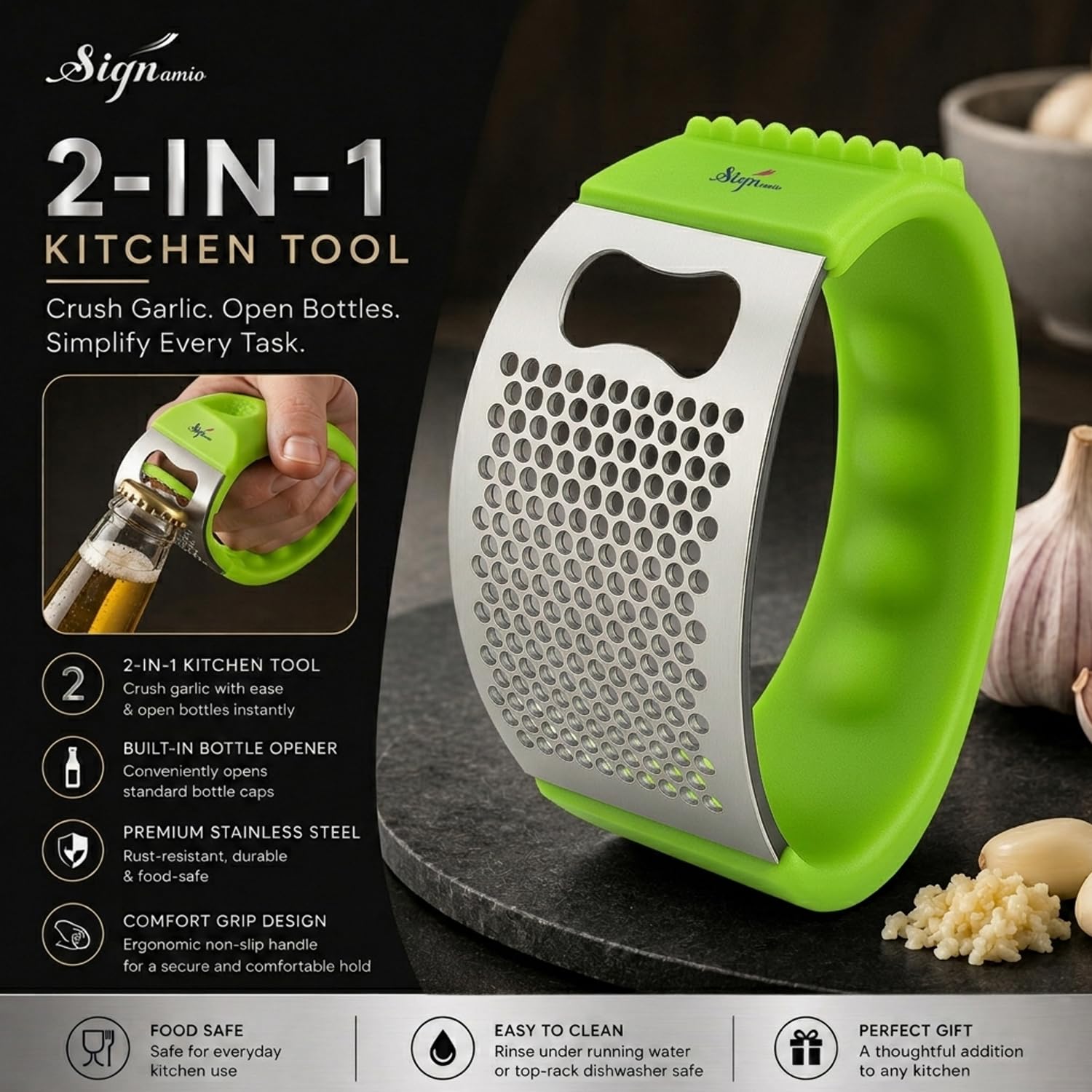 Signamio Garlic Peeler Tool - Versatile Garlic Crusher Mini Hand Press Chopper for Effortless Garlic Preparation, Durable and Easy to Clean Kitchen Essential - Green