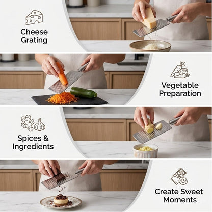 SIGNAMIO® Stainless Steel Kadukas Cheese Grater and Vegetable Shredder for Kitchen, Efficient Ginger Garlic Crusher with Protective Cover, Ideal Carrot and Ginger Slicer - Flat Design