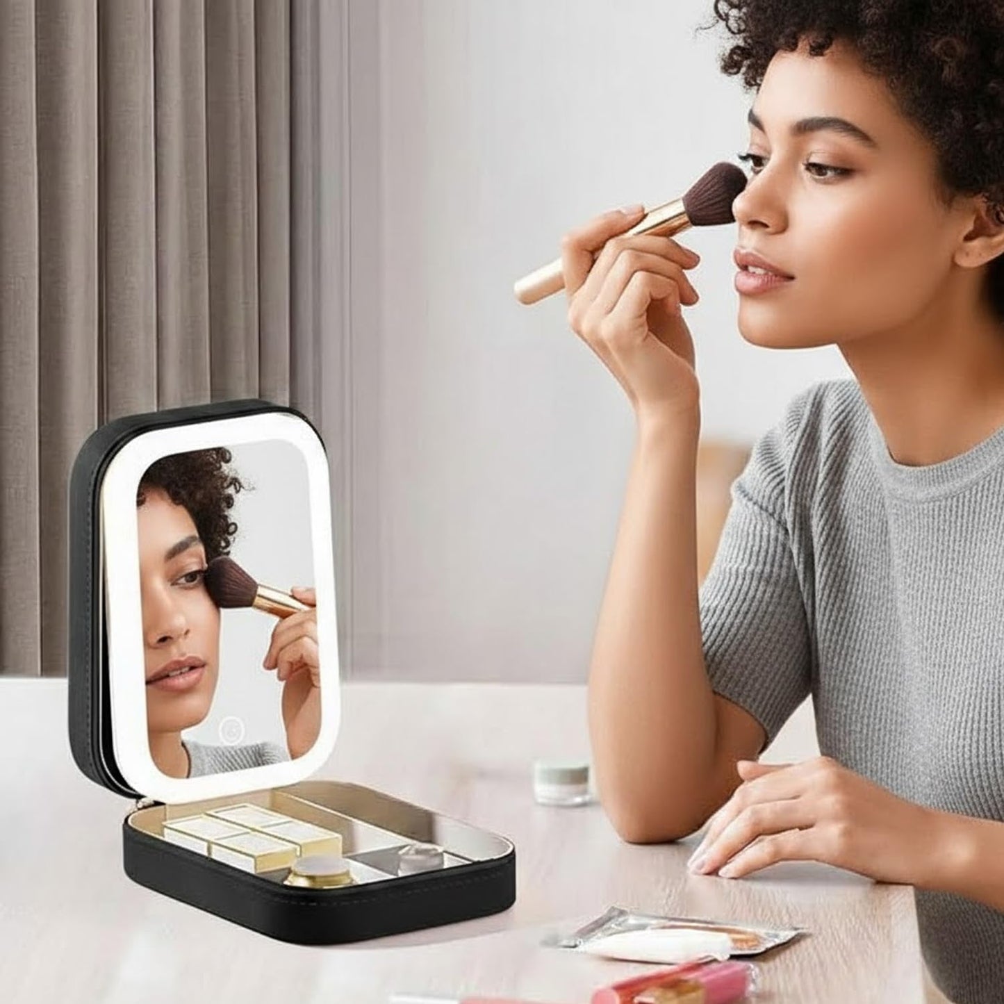 SIGNAMIO Compact Makeup Vanity with LED Mirror, Portable LED Mirror for Makeup, Stylish Vanity Table with Adjustable Lighting for Professional Results (Black)