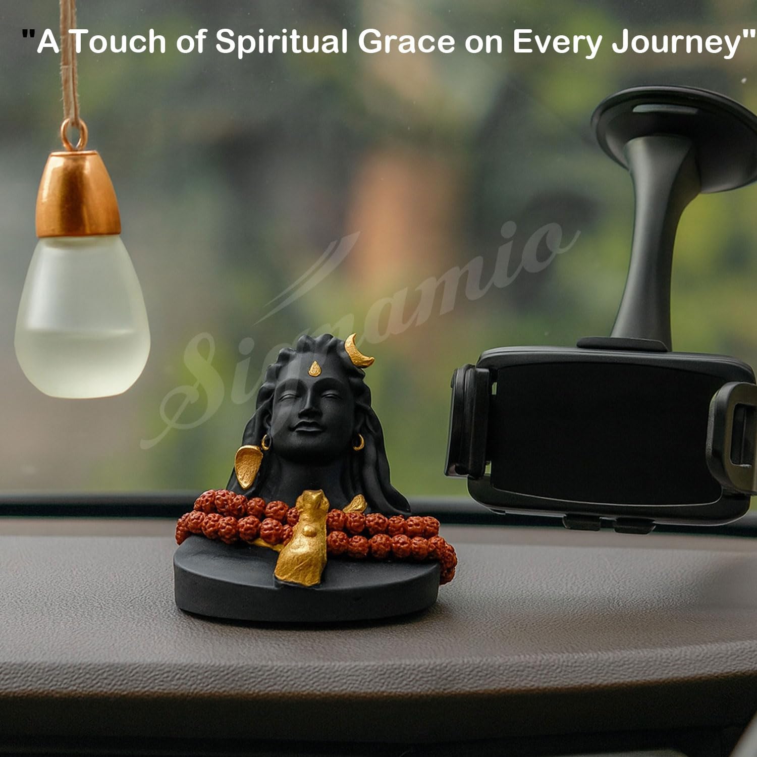 SIGNAMIO® Lord Shiva Idol: Handcrafted Mahadev Murti with Nandi - Perfect Spiritual Car Dashboard Accessory and Gift Item, Featuring ShivJi Adiyogi Statue & Rudraksh Mala-Ideal God Idols for Car Decor