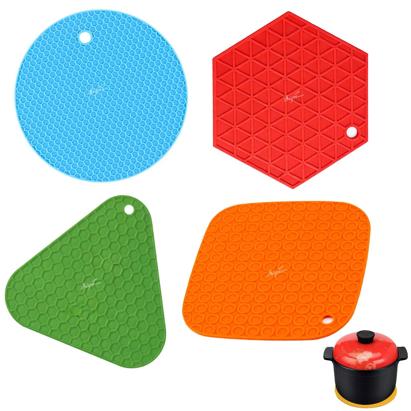 Signamio Silicone Mat for Kitchen - Pack of 4, Heat Resistant Coasters for Dining Table for Hot Pots, Heat Mats - Includes Round, Triangle, Square, Hexagon Shapes for Versatile Use