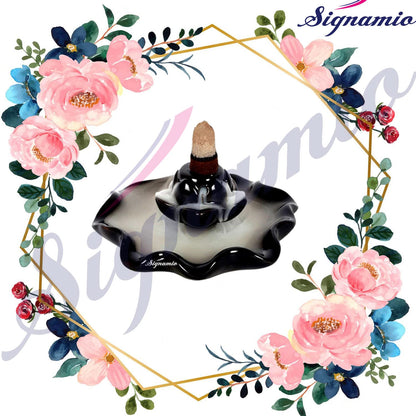 Signamio Ceramic Decorative Incense Stick Stand with Backflow Incense Smoke Fountain - 30 Cones Included for Pooja Meditation, Backflow Incense Burner Holder for Decor