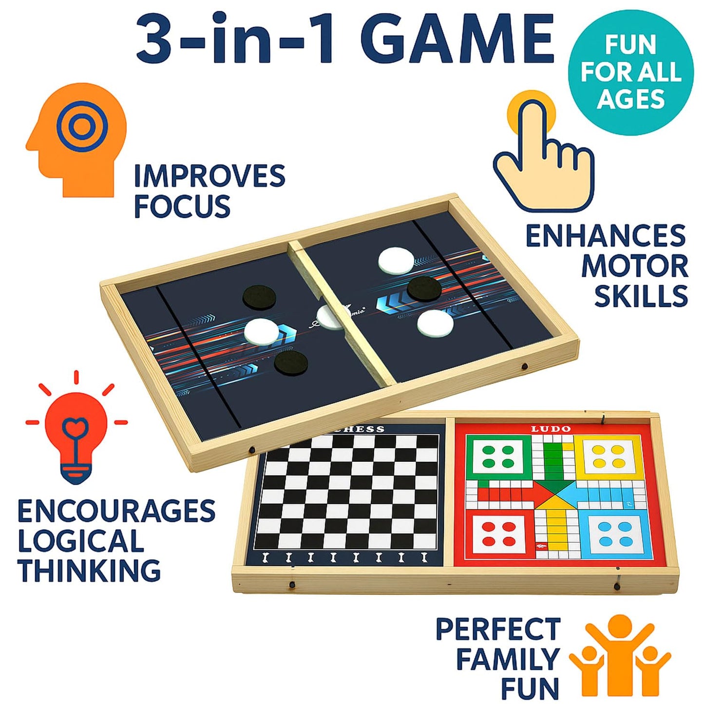 Signamio 3 in 1 String Hockey Board Game - Sling Puck Board Game, Slingo Board Game with Chess and Ludo Features - Classic Play for Family and Friends