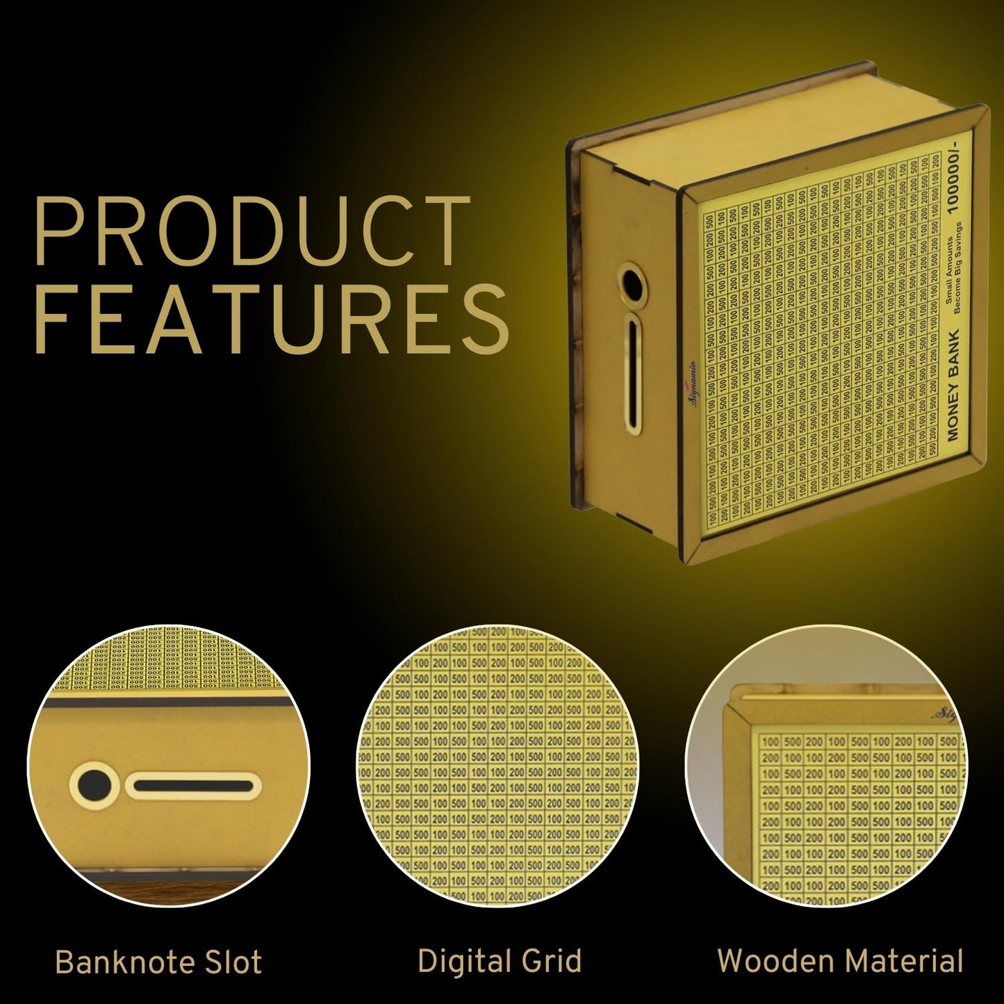 Signamio Money Saving Box for Adult 100000 - Wooden Piggy Bank 100000 with Marker Pen, Elegant Wooden Piggy Bank for Adults, Perfect Money Saving Solution and Financial Goal Achievement-DN1