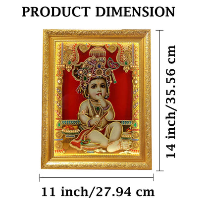 SIGNAMIO® Designer Handmade Stone Moti Work with Gold led Light Sculpture of 3D Lord Bal Krishna wall Hanging Photo Frame with for Puja Room,Home,Office,wall decoration-1pcs (14x11 Inch)