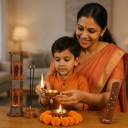 SIGNAMIO® 2pcs Tower Wooden Agarbatti Stand with Ash Catcher: Premium Incense Stick and Dhoop Holder Set for Pooja Room Decoration - Essential Puja Items for Home Mandir & Agarbatti Storage Box