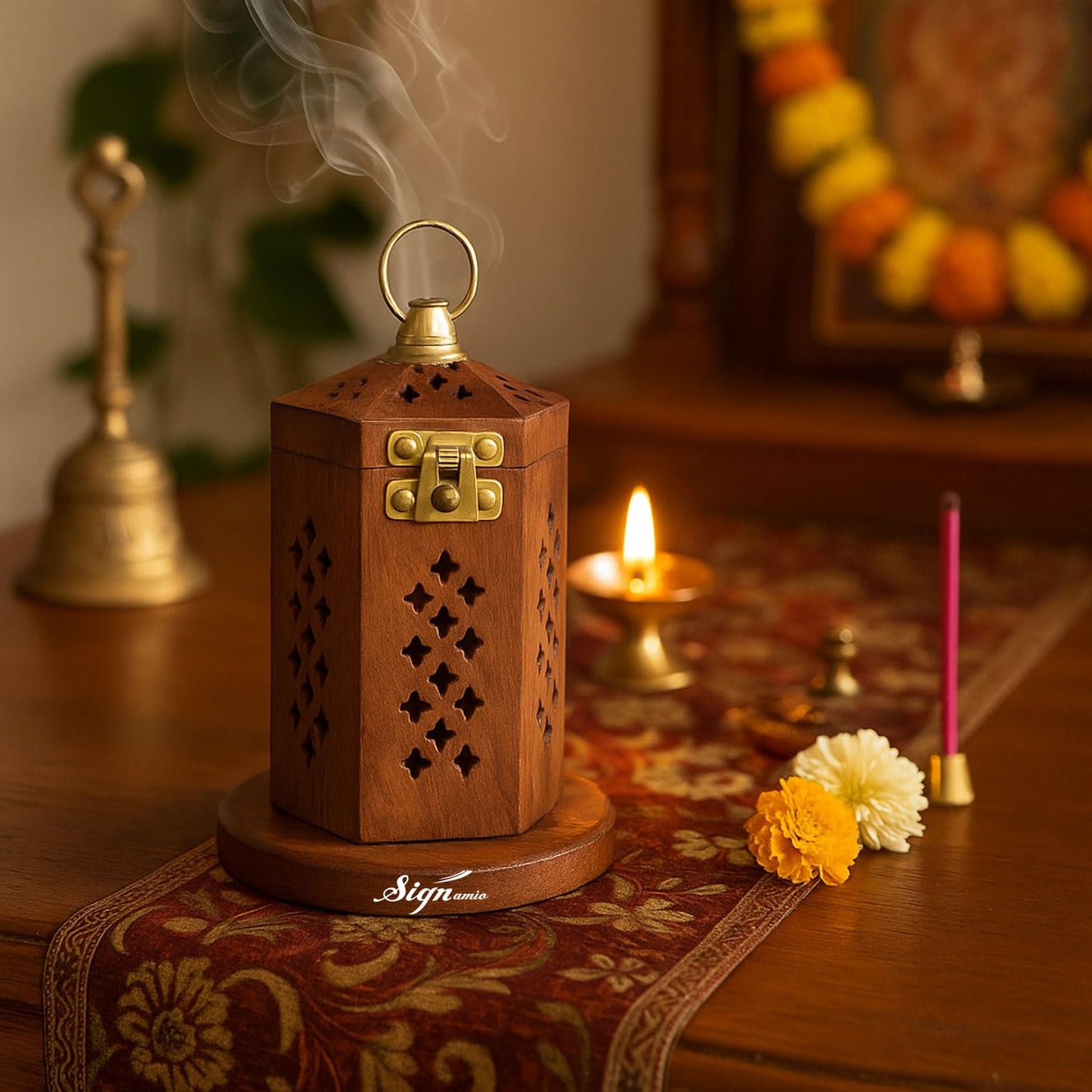 SIGNAMIO® Hanging Handcrafted Wooden Sambrani Dhoop Dhup Stand - Perfect Room Decoration and Incense Cone Holder for Home Mandir, Ideal Dhoop Dani and Pooja Items