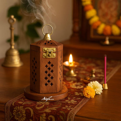 SIGNAMIO® Hanging Handcrafted Wooden Sambrani Dhoop Dhup Stand - Perfect Room Decoration and Incense Cone Holder for Home Mandir, Ideal Dhoop Dani and Pooja Items