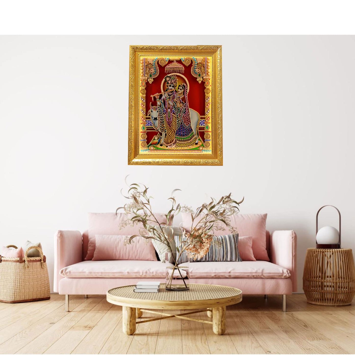 SIGNAMIO® Designer Handmade Stone Moti Work with Gold led Light Sculpture of 3D Lord Radha Krishna wall Hanging Photo Frame with for Puja Room,Home,Office,wall decoration-1pcs (23x18 Inch)