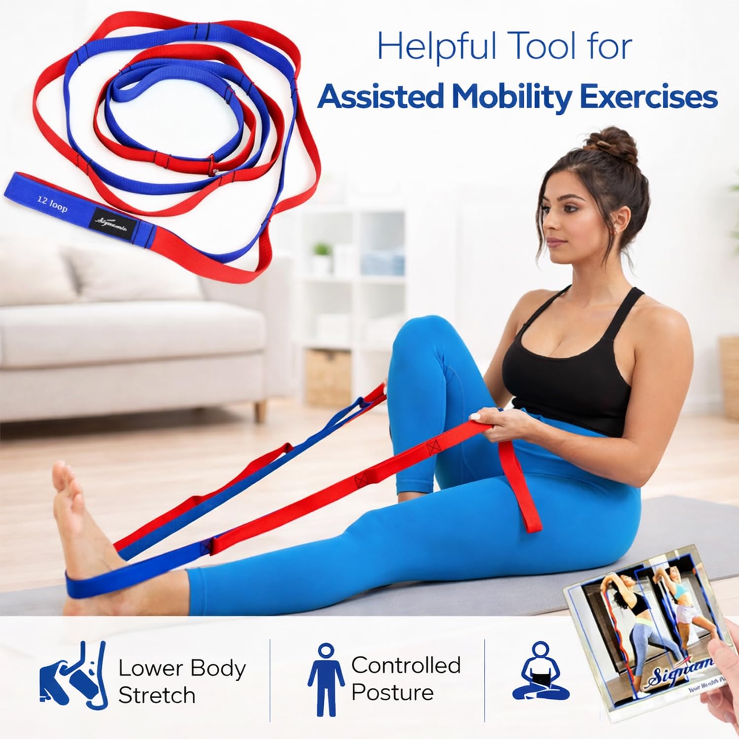 Signamio Yoga Belt for Women - Premium Stretching Belt for Exercise & Hamstring Stretch Strap - Essential Yoga Accessories for Flexibility & Strength Training-12 Loop - Blue-Red
