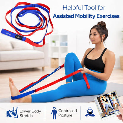 Signamio Yoga Belt for Women - Premium Stretching Belt for Exercise & Hamstring Stretch Strap - Essential Yoga Accessories for Flexibility & Strength Training-12 Loop - Blue-Red