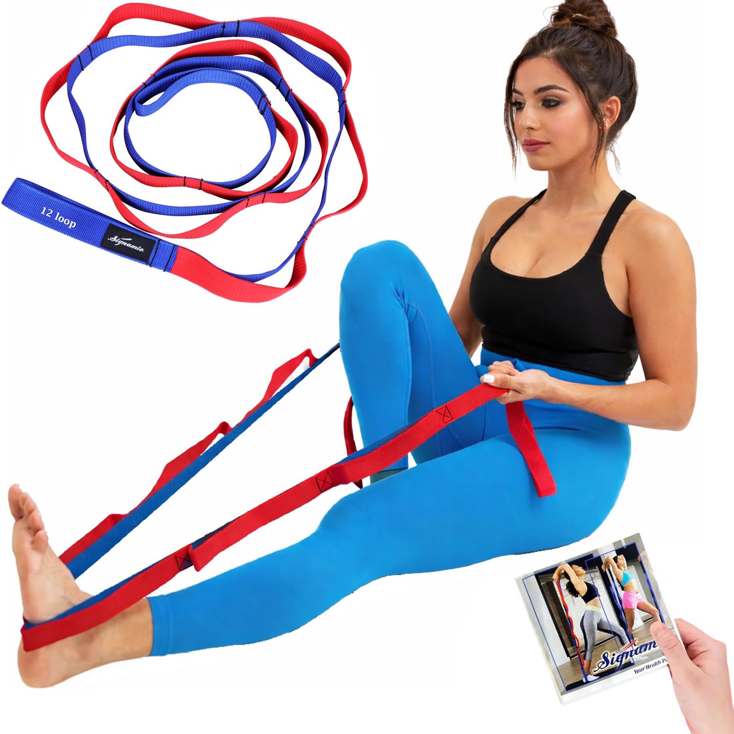Signamio Yoga Belt for Women - Premium Stretching Belt for Exercise & Hamstring Stretch Strap - Essential Yoga Accessories for Flexibility & Strength Training-12 Loop - Blue-Red