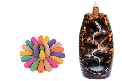 Signamio Ceramic Backflow Incense Fountain - 30 Cones Included for Pooja Meditation, Elegant Backflow Incense Holder, Aesthetic Incense Burner for Decor-DN-24