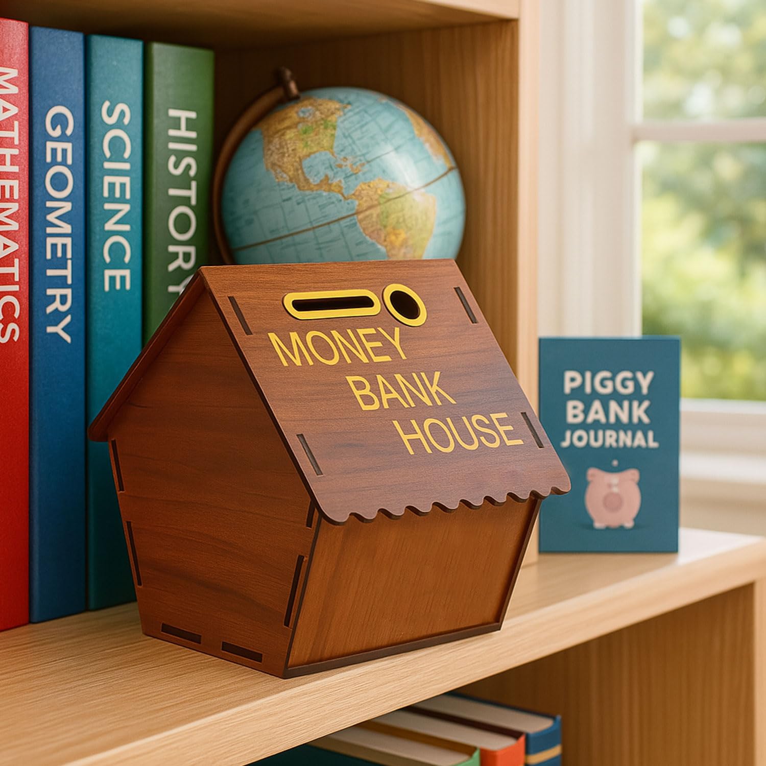 Signamio Wooden Money Saving Box for Adults - House Shaped Piggy Bank 100000, Elegant Money Box for Secure Savings and Home Decor, Durable Wooden Material