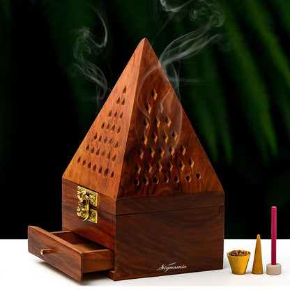 SIGNAMIO® Hanging Handcrafted Wooden Sambrani Dhoop Dhup Stand - Perfect Room Decoration and Incense Cone Holder for Home Mandir, Ideal Dhoop Dani and Pooja Items