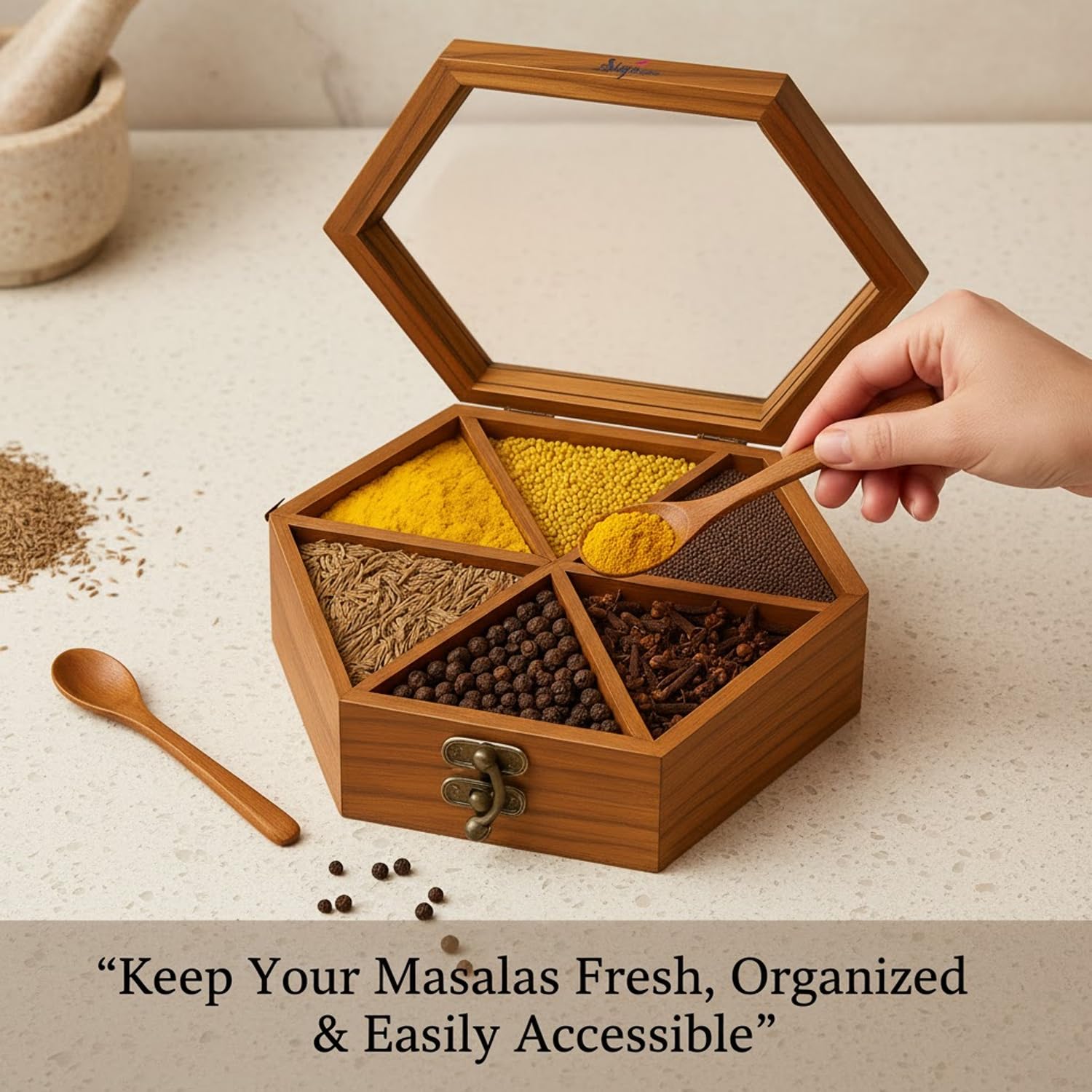 SIGNAMIO® Hexa Wooden Spice Box with Detachable Containers and Spoon, Transparent Glass Masala dani for Kitchen Storage, Anjarai Petti Style Organizer, Perfect Wooden Masala Box for Kitchen Use