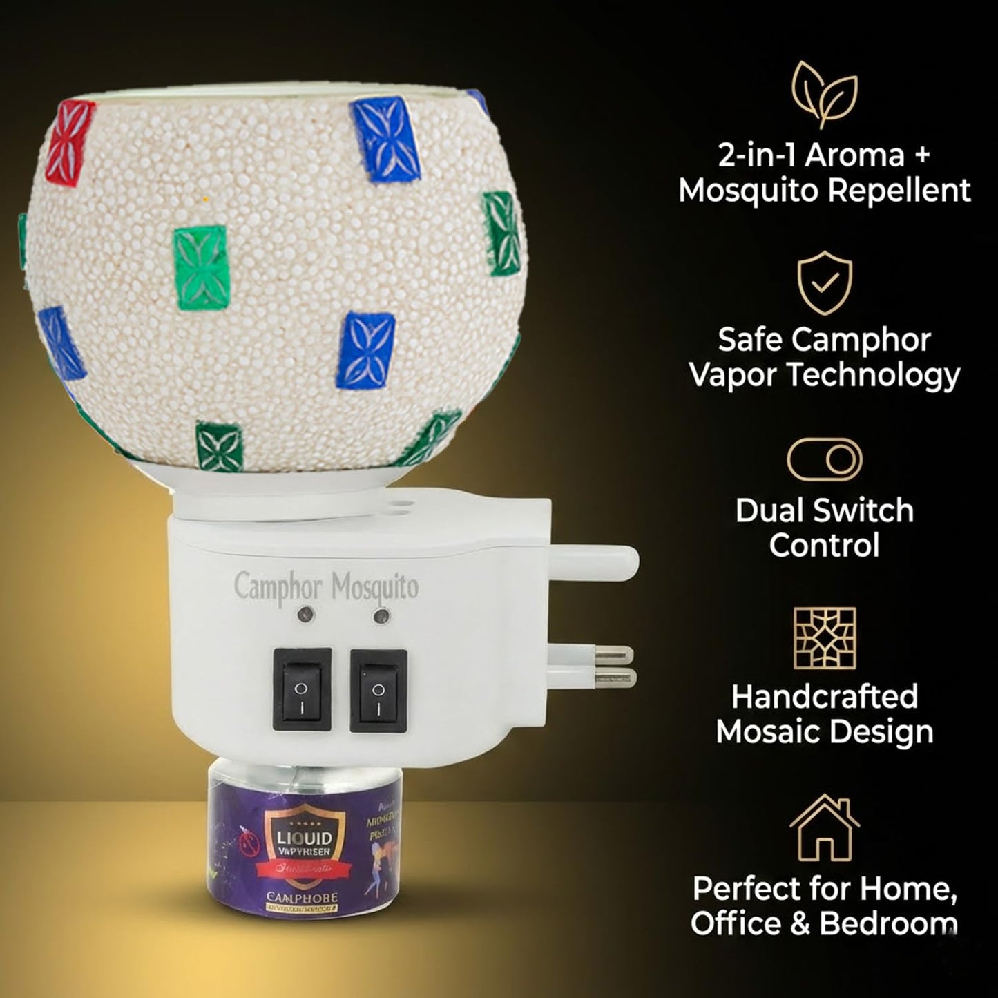 Signamio 3 in 1 Multi-Functional Camphor Diffuser Burner - Kapoor Dani Electrical Camphor with Night Lamp & Mosquito Repellent | Kapoor Dani for Home Fragrance and Ambient Lighting DN-28