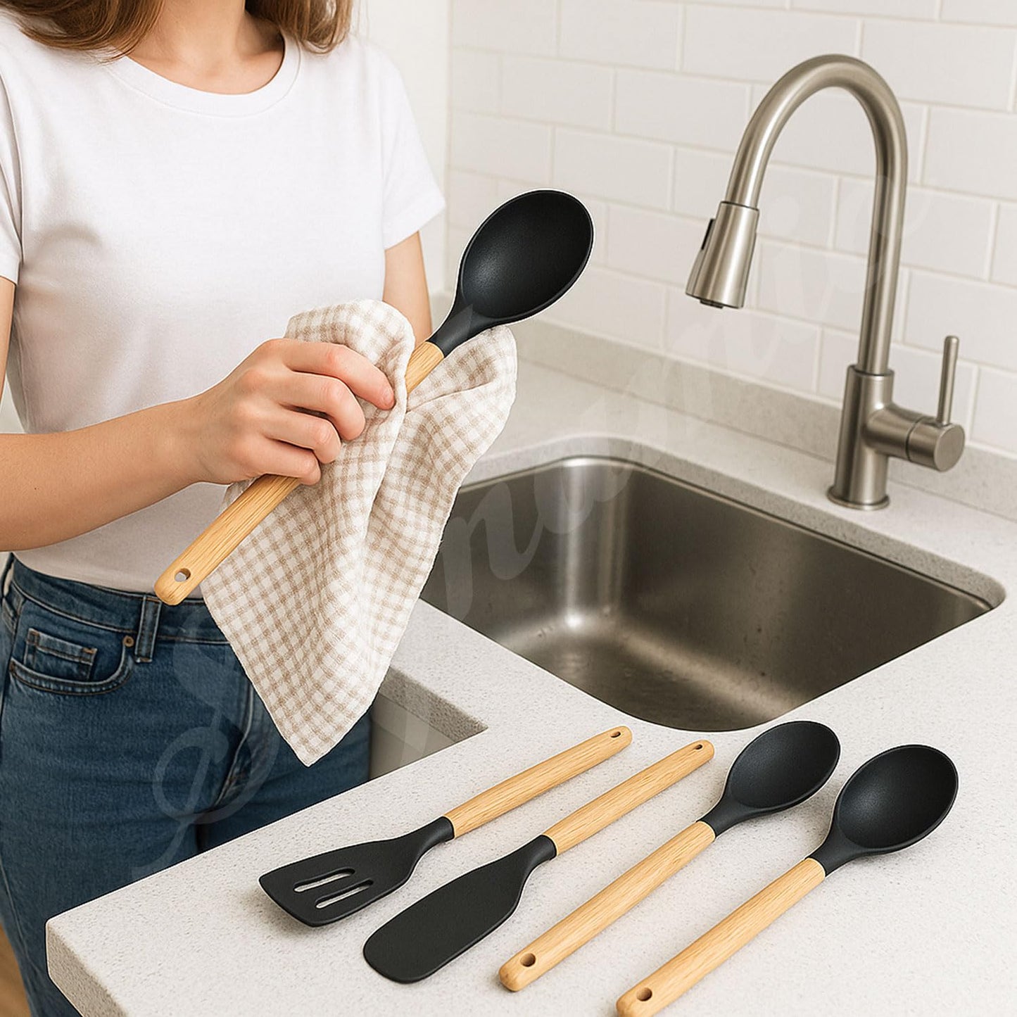 Signamio Silicone Spatula Set with Wooden Handle, 5 Pcs - Premium Cooking Set Ideal for Baking and Cooking, Durable and Heat-Resistant