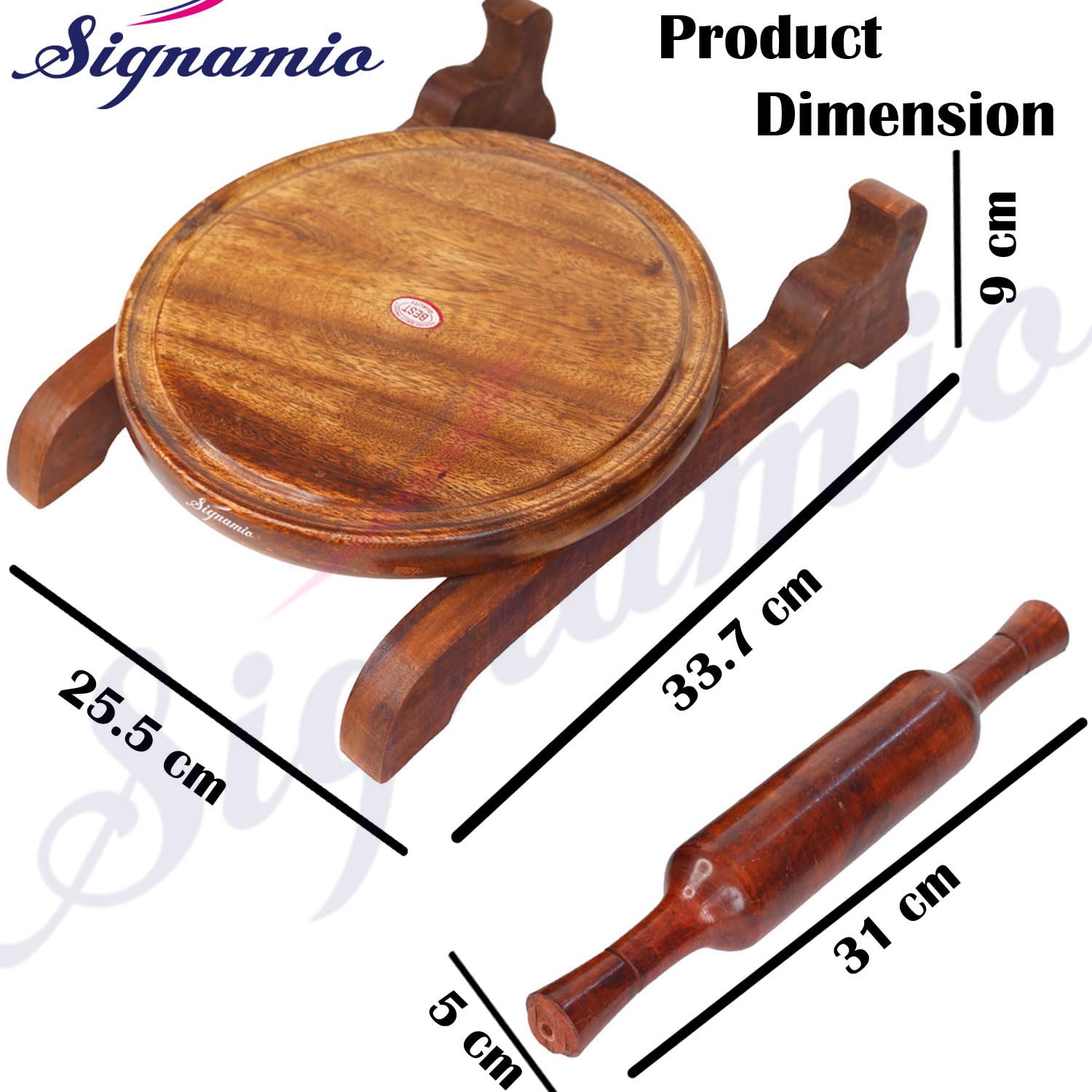 SIGNAMIO® Wooden Chakla Belan Set for Kitchen - Roti Maker with Rolling Pin and Board Stand - Perfect Chapati Rolling Board and Polpat Latna for Effortless Roti and Chapati Preparation