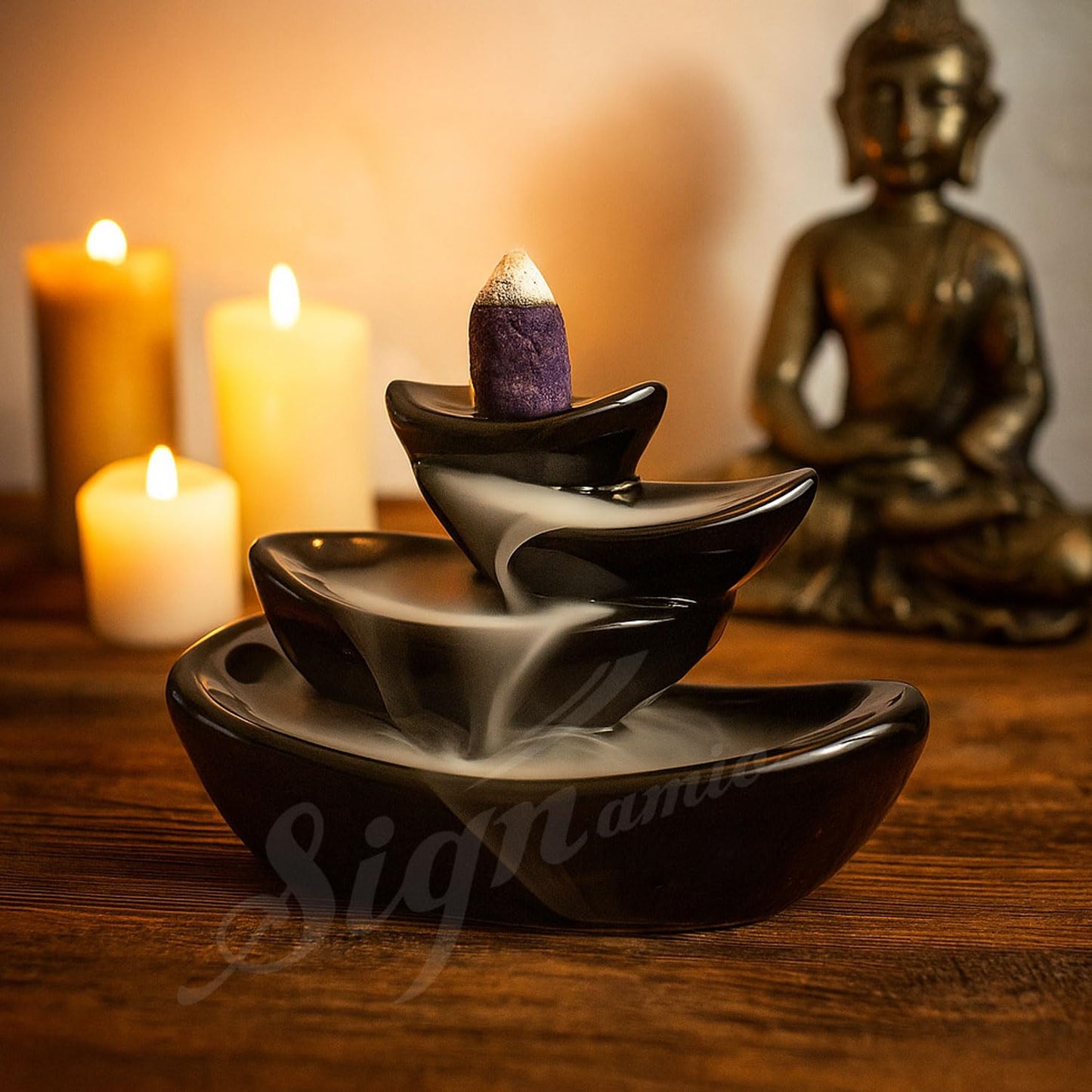 Signamio Ceramic Backflow Incense Fountain - 30 Cones Included for Pooja Meditation, Elegant Backflow Incense Holder, Aesthetic Incense Burner for Decor-DN-15