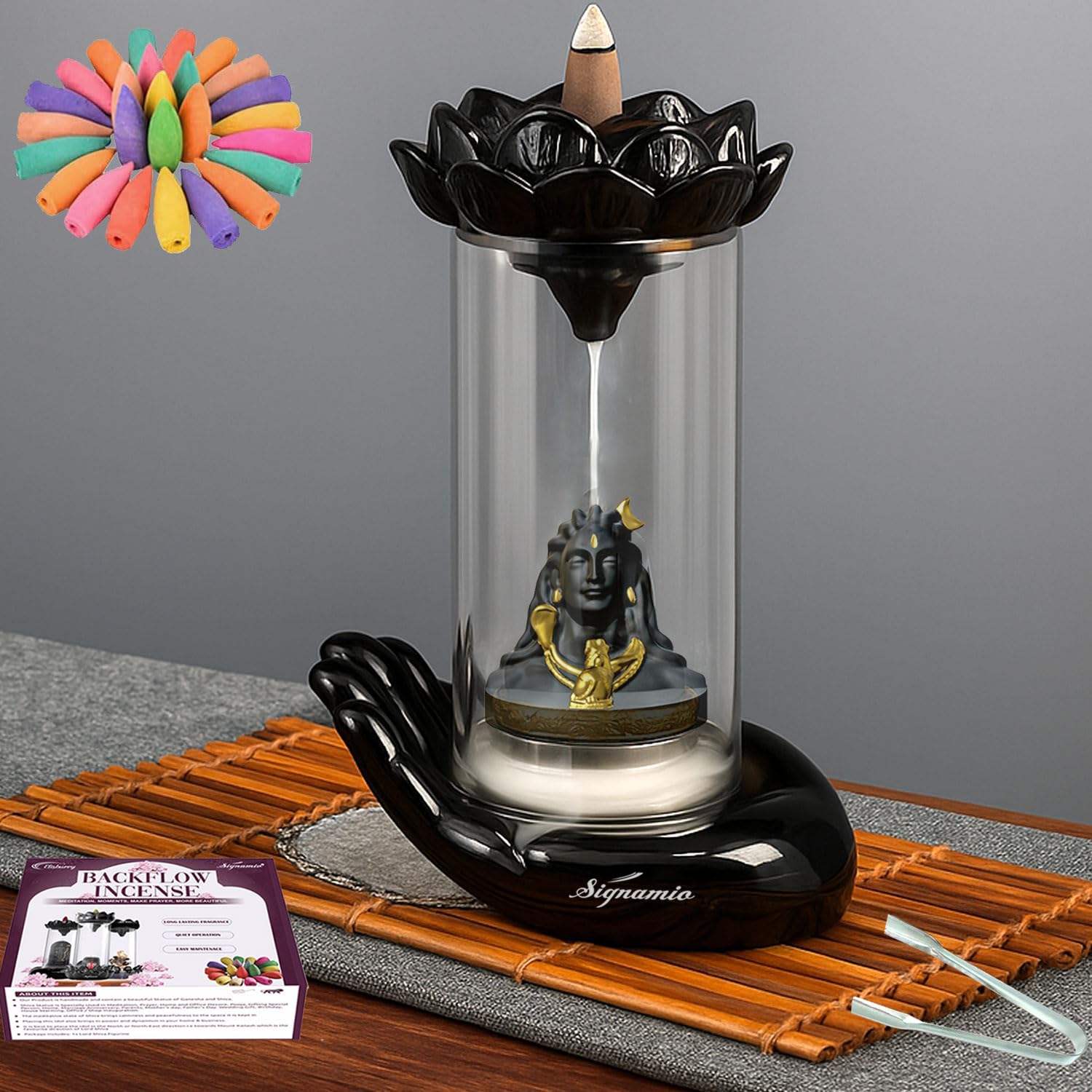 Signamio Ram Lalla Murti Ceramic Backflow Smoke Fountain - Hand Pattern Ayodhya Ram Idol Decor - Ram Lala Idol for Home Temple with 30 Cone