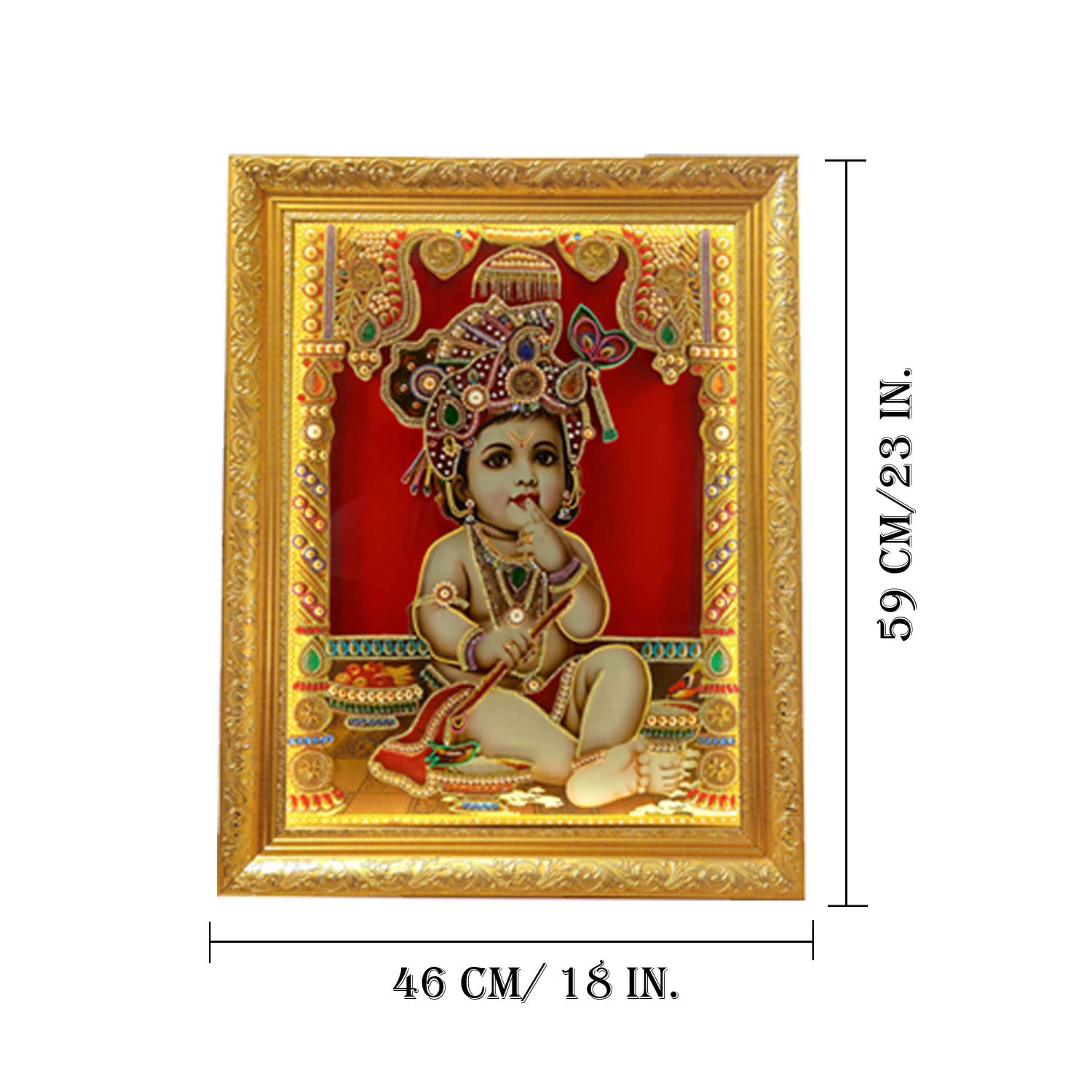 SIGNAMIO® Designer Handmade Stone Moti Work with Gold led Light Sculpture of 3D Lord Bal Krishna wall Hanging Photo Frame with for Puja Room,Home,Office,wall decoration-1pcs (23x18 Inch)