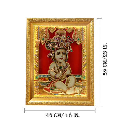 SIGNAMIO® Designer Handmade Stone Moti Work with Gold led Light Sculpture of 3D Lord Bal Krishna wall Hanging Photo Frame with for Puja Room,Home,Office,wall decoration-1pcs (23x18 Inch)