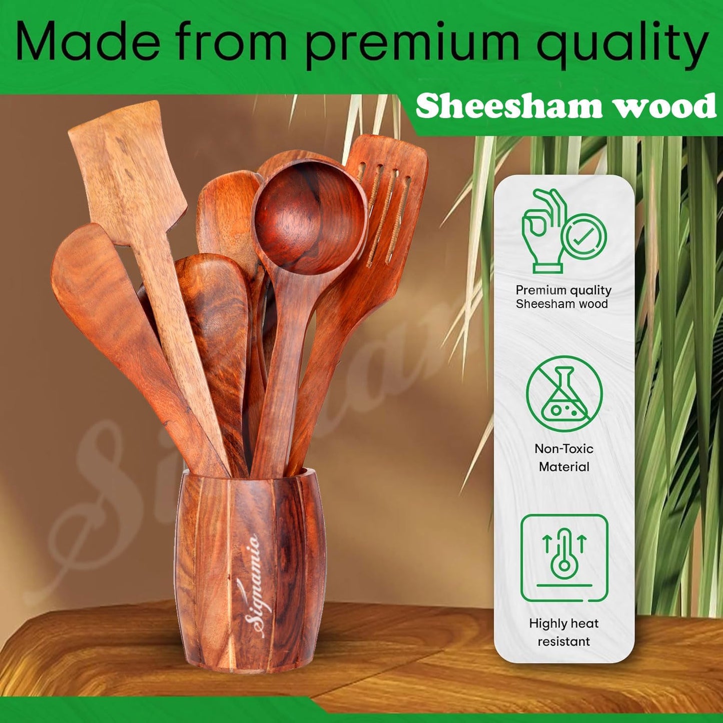 SIGNAMIO® 7pcs Wooden Spoon and Spatula Set for Cooking - Non-Stick Kitchen Utensils with Holder, Spoon Rest & Hooks - Ideal Wooden Kitchen Set for Non-Stick Pans