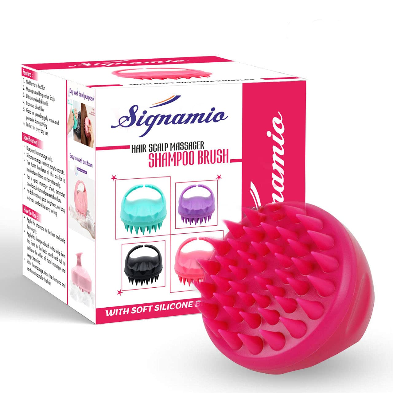 SIGNAMIO® Shampoo Brush Silicon Scalp Massager Hair Brush Wet Dry Comb Head Scrubber 100% Comfortable for Hair Improve Blood Circulation for Men,Women Pets - Pink - Pack 1