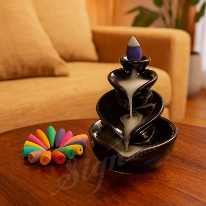 SIGNAMIO Ceramic Backflow Incense Fountain - 30 Cones Included for Pooja Meditation, Elegant Backflow Incense Holder, Aesthetic Incense Burner for Decor-DN-10, Pink